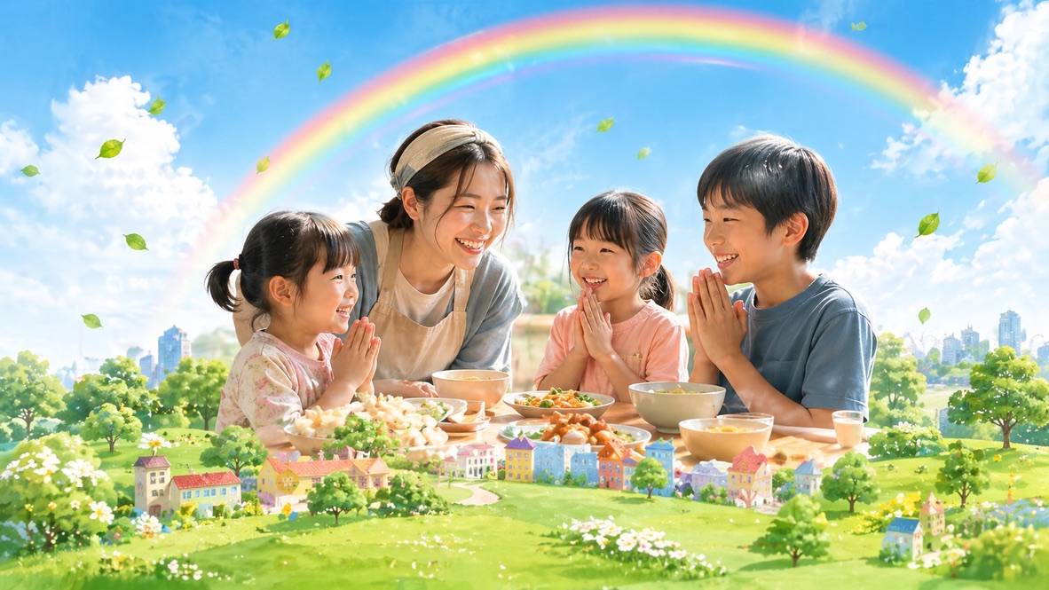 青空と虹の下で食事を囲む子どもたちとスタッフ